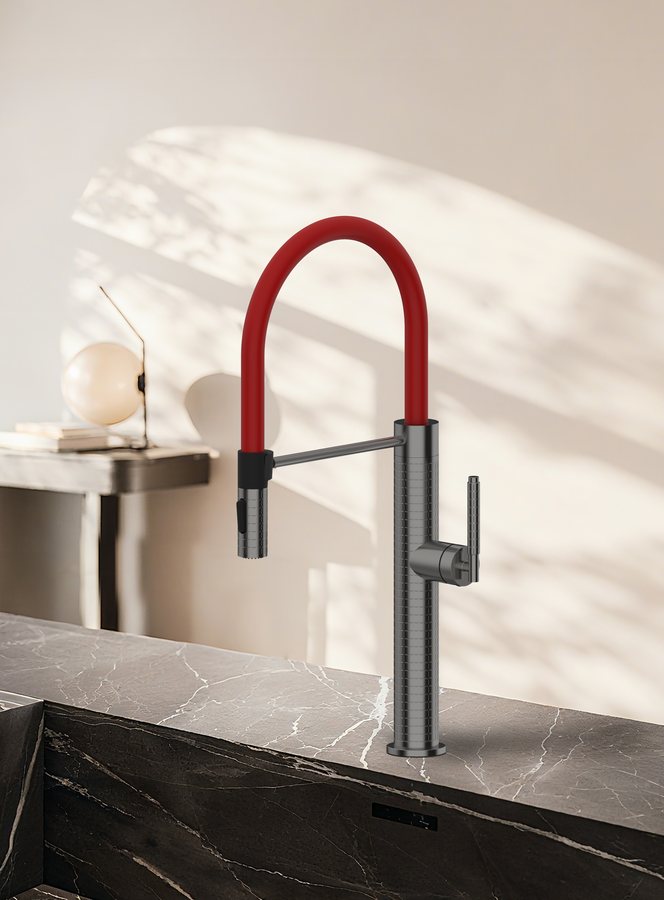 ANRUIQI red pull-out kitchen faucet installed at a sink